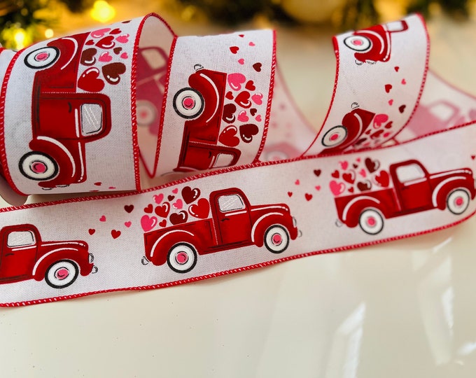 10 Yard Roll - 2.5" Red Trucks With Hearts Wired Ribbon #947