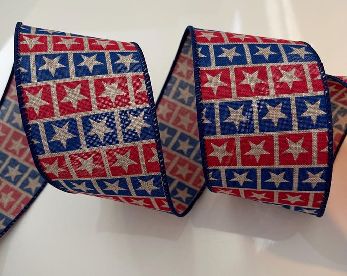 2.5” Star Pattern Wired Ribbon: Red, Blue, & Beige