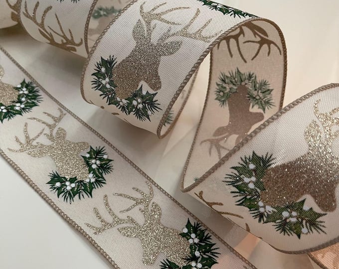 2.5” Glittery Deer Wired Ribbon