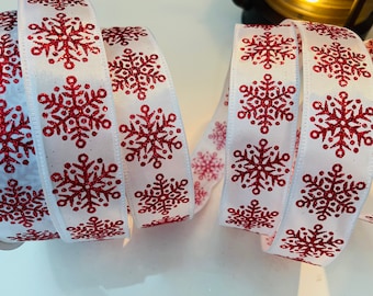 1.5” Red & White Glittery Snowflakes Wired Ribbon #4402 - Sold By The Yard