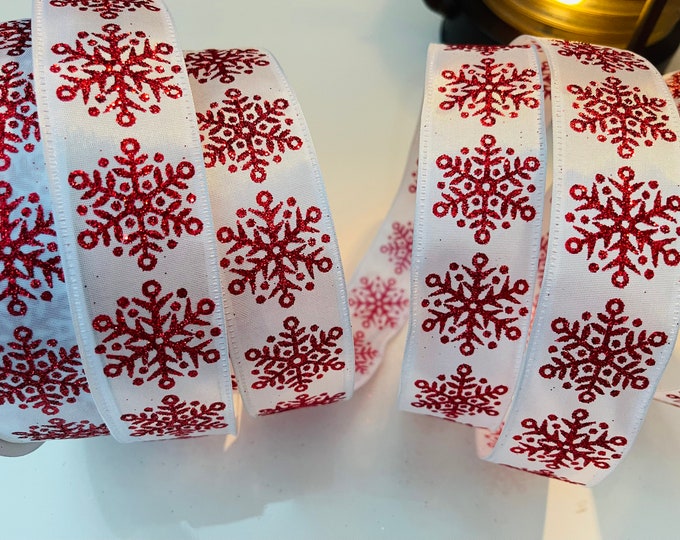 1.5” Red & White Glittery Snowflakes Wired Ribbon #4402 - Sold By The Yard