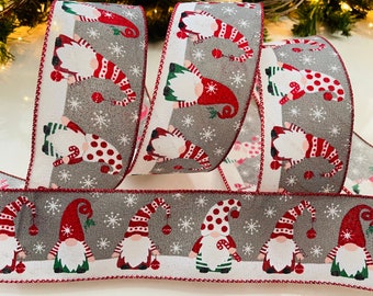 2.5” Christmas Gnomes Gray Wired Ribbon - Sold By The Yard