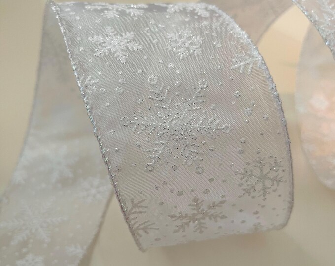 2.5” Sheer White Glittery Snowflakes Wired Ribbon