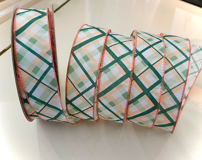1.5” Peach, Green, & White Plaid Wired Ribbon #217 - Sold By The Yard