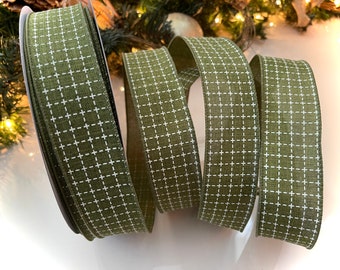 1.5” Moss Green Canvas Wired Ribbon With White Square Pattern #547 - Sold By The Yard
