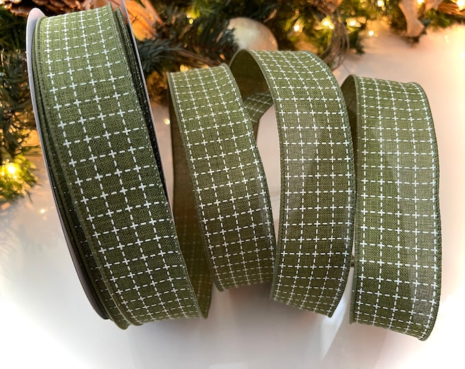 1.5” Moss Green Canvas Wired Ribbon With White Square Pattern #547 - Sold By The Yard