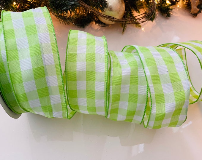 2.5" Green & White Plaid Wired Ribbon #67 - Sold By The Yard