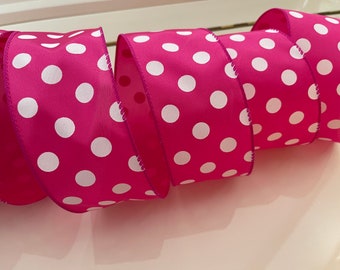 2.5” Pink with White Polka Dots Wired Ribbon - Sold By The Yard