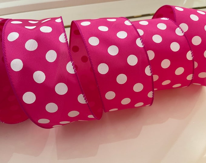 2.5” Pink with White Polka Dots Wired Ribbon - Sold By The Yard
