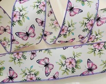 2.5” Purple Butterflies & Flowers Wired Ribbon