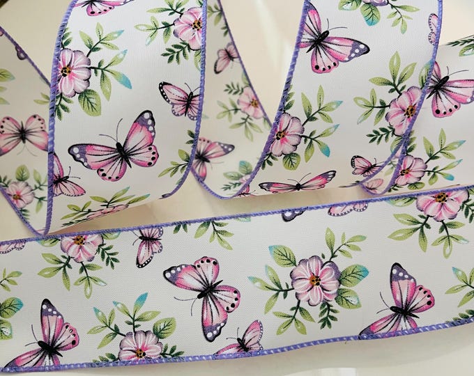Featured listing image: 2.5” Purple Butterflies & Flowers Wired Ribbon