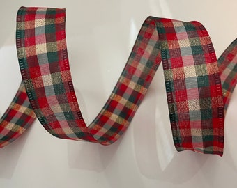 1.5” Red, Green, & Gold Plaid Wired Ribbon - Sold By The Yard