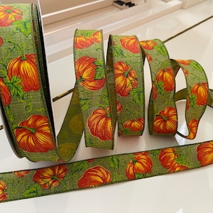 1.5” Pumpkins & Vines Green Linen Wired Ribbon - Sold By The Yard