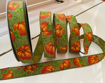 1.5” Pumpkins & Vines Green Linen Wired Ribbon - Sold By The Yard