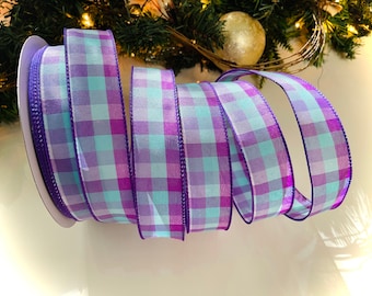 1.5” Purple & Aqua Plaid Wired Ribbon #107 - Sold By The Yard
