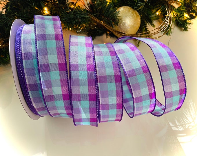 1.5” Purple & Aqua Plaid Wired Ribbon #107 - Sold By The Yard