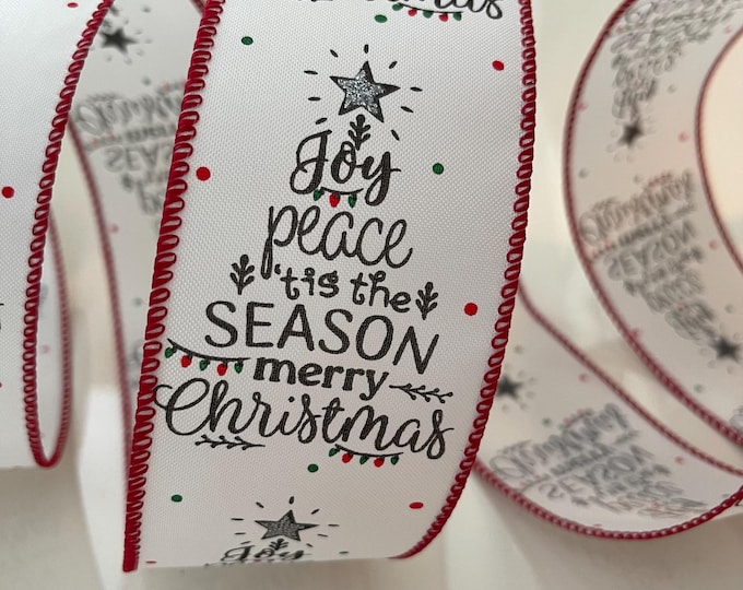 2.5” Christmas Trees with Writing Wired Ribbon: Red, Black, White