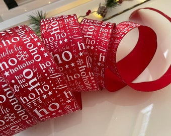 2.5” Red and White Christmas Wired Ribbon Ho Ho Ho - Perfect for Gift Wrapping, Wreaths, Decor & Much More! - Sold By The Yard