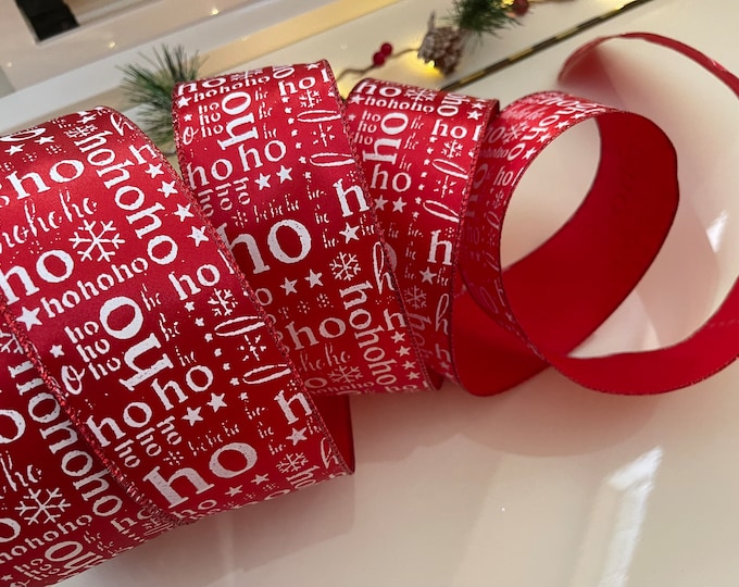 2.5” Red and White Christmas Wired Ribbon Ho Ho Ho - Perfect for Gift Wrapping, Wreaths, Decor & Much More! - Sold By The Yard