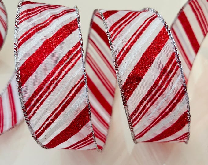 1.5” Red & White Glitter Candy Cane Stripes Sheer Wired Ribbon