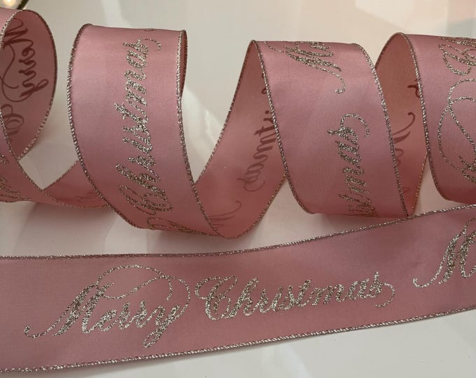 2.5” Rosy Pink with Gold Glitter Merry Christmas Wired Ribbon