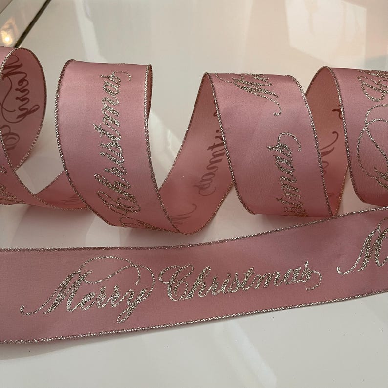 Pink Ribbon Xmas 2.5” Rosy Pink With Gold Glitter Merry Christmas Wired Ribbon - Etsy