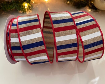 1.5" Striped Wired Ribbon: Red, White, & Blue #120 - 10 Yard Roll