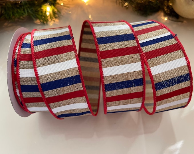 1.5" Striped Wired Ribbon: Red, White, & Blue #120 - 10 Yard Roll