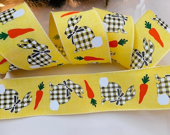 10 Yard Roll - 2.5" Yellow Wired Ribbon With Gingham Cottontail Bunnies #319 - Perfect for Gift Wrapping, Wreaths, Decor & Much More!
