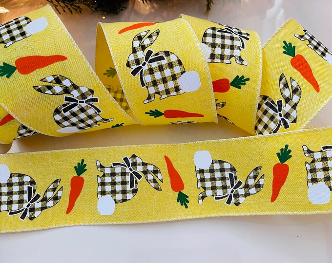 10 Yard Roll - 2.5" Yellow Wired Ribbon With Gingham Cottontail Bunnies #319 - Perfect for Gift Wrapping, Wreaths, Decor & Much More!