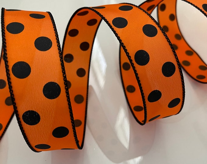 1.5” Orange & Black Polka Dot Wired Ribbon #749 - Sold By The Yard