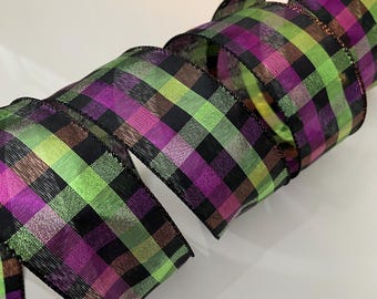 2.5” Metallic Plaid Wired Ribbon: Green, Orange, Purple, Black - Sold By The Yard