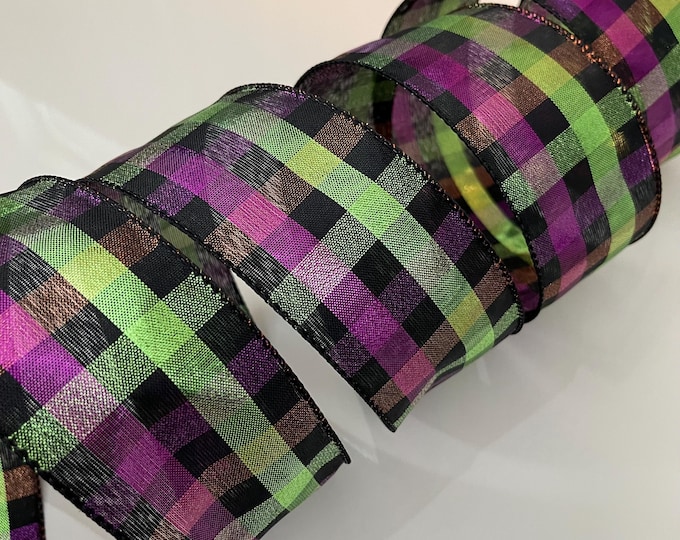 2.5” Metallic Plaid Wired Ribbon: Green, Orange, Purple, Black - Sold By The Yard