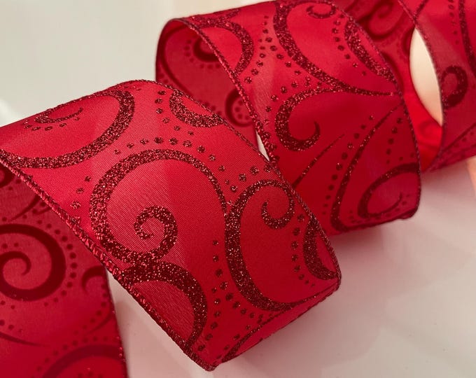 2.5” Red Glittery Swirls Wired Ribbon