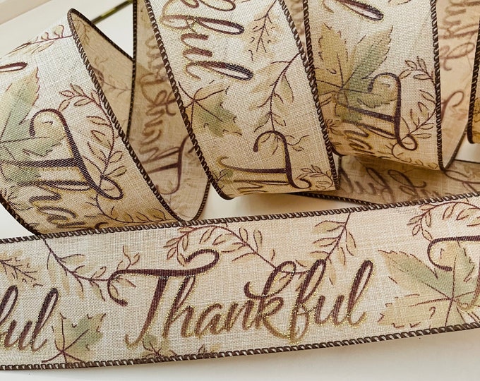 2.5” Beige & Brown Thankful Wired Ribbon #806 - Sold By The Yard
