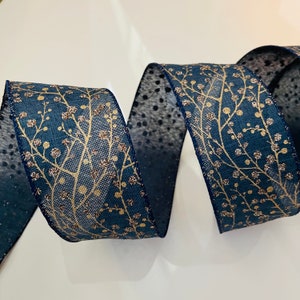 2.5” Golden Glitter Holly Berry Navy Blue Wired Ribbon #342 - Sold By The Yard