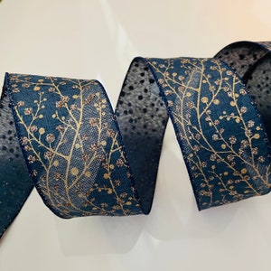 2.5” Golden Glitter Holly Berry Navy Blue Wired Ribbon #342