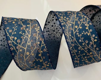 2.5” Golden Glitter Holly Berry Navy Blue Wired Ribbon #342 - Sold By The Yard