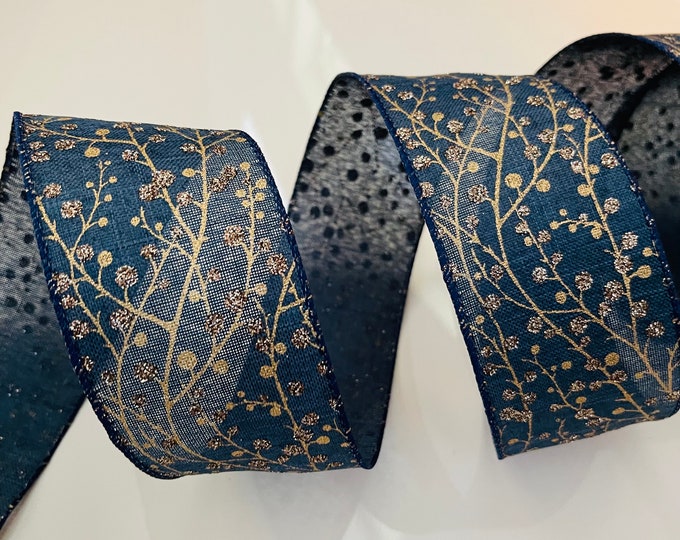 2.5” Golden Glitter Holly Berry Navy Blue Wired Ribbon #342 - Sold By The Yard