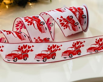 10 Yard Roll - 2.5” Overflowing Hearts Red Truck Wired Ribbon #9441