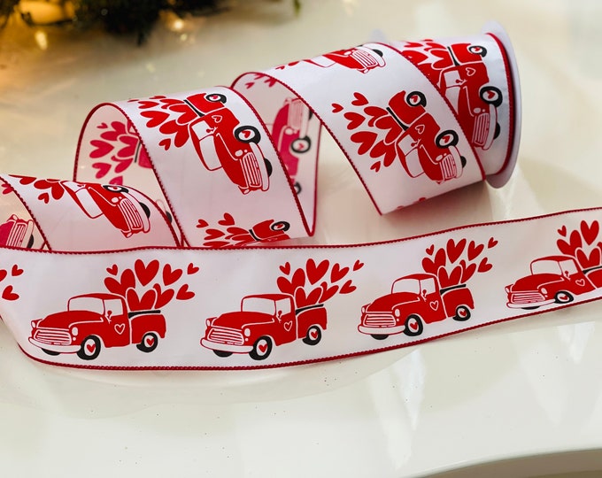 10 Yard Roll - 2.5” Overflowing Hearts Red Truck Wired Ribbon #9441