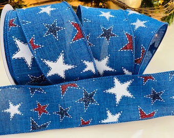 2.5” Sparkle Stars Red, White, & Blue Wired Ribbon #39 - 10 Yard Roll