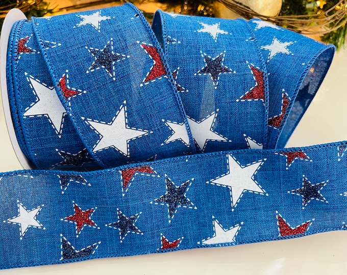 2.5” Sparkle Stars Red, White, & Blue Wired Ribbon #39 - 10 Yard Roll