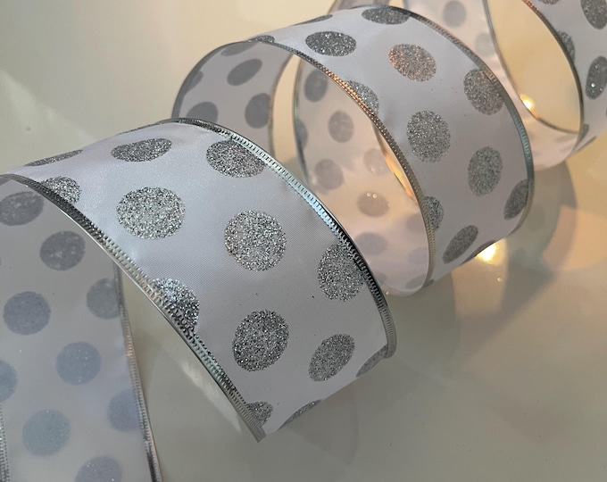 2.5” Silver Glitter Dot White Wired Ribbon - Perfect for Gift Wrapping, Wreaths, Decor and Much More!