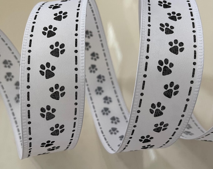1.5” Black & White Paw Print Wired Ribbon