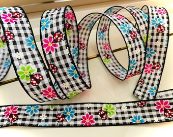 1.5” Multicolor Flowers & Ladybugs Wired Ribbon: Black and White Gingham #917 - Sold By The Yard