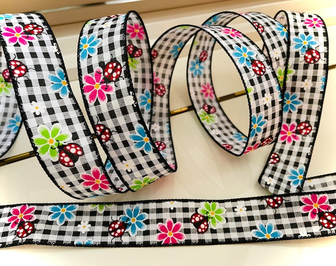 1.5” Multicolor Flowers & Ladybugs Wired Ribbon: Black and White Gingham #917 - Sold By The Yard