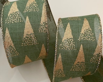 2.5” Green & Gold Glitter Christmas Tree Wired Ribbon #419 - Sold By The Yard