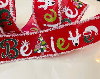 2.5” Fuzzy Edge Red & Green Christmas Wired Ribbon #845 - Sold By The Yard