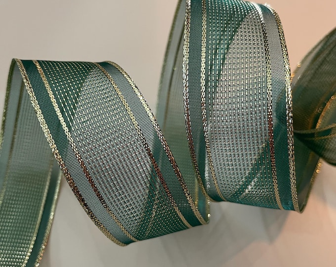1.5” Gold & Sheer Green Wired Ribbon